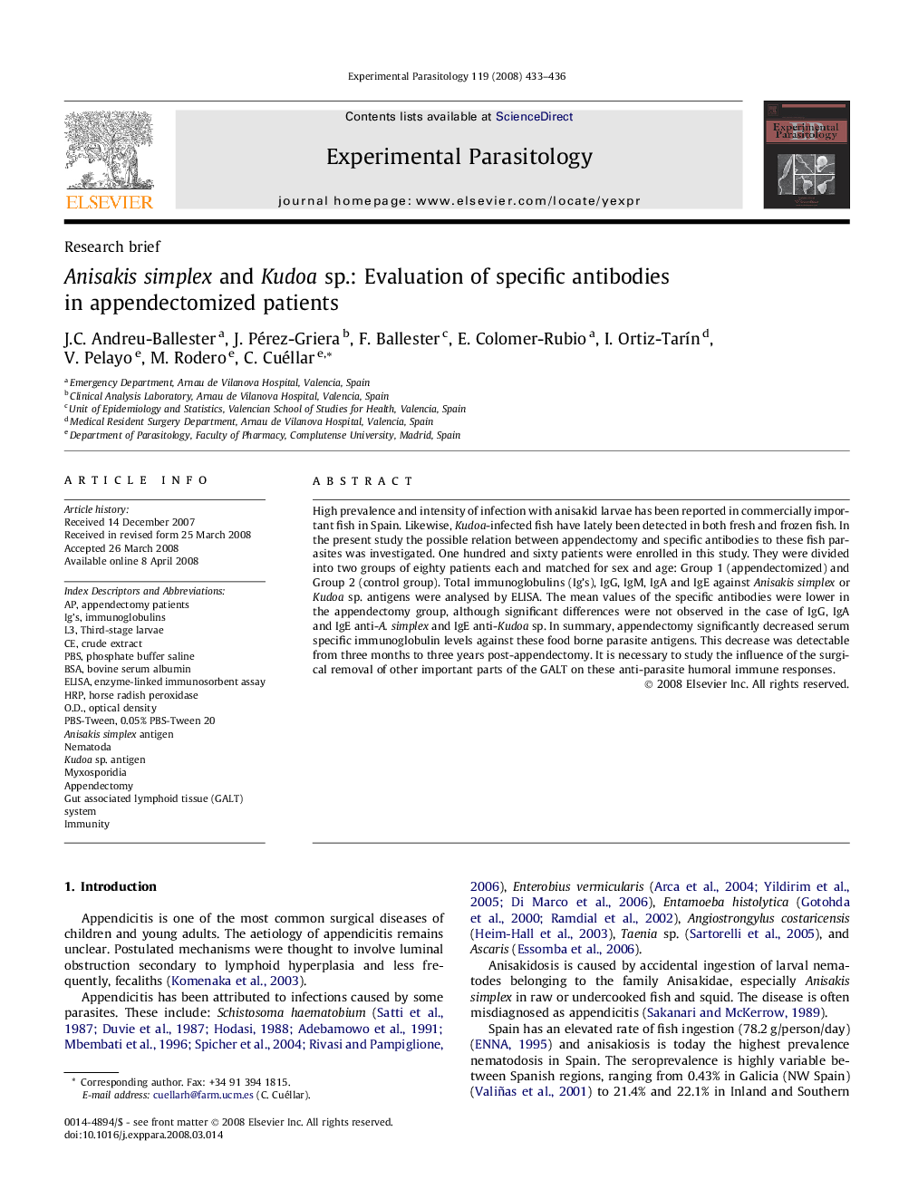 Anisakis simplex and Kudoa sp.: Evaluation of specific antibodies in appendectomized patients