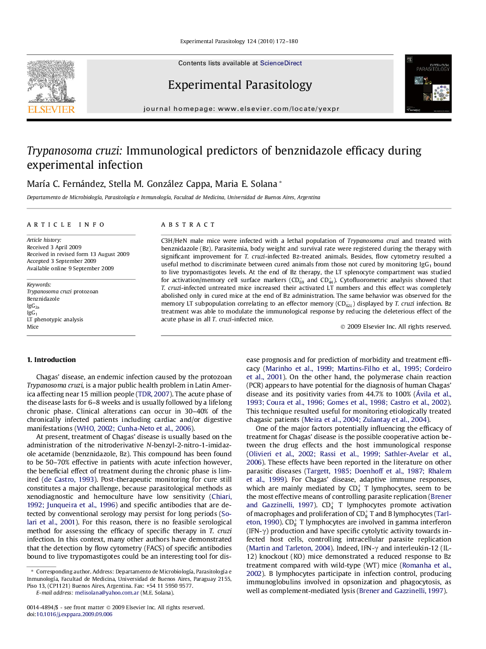 Trypanosoma cruzi: Immunological predictors of benznidazole efficacy during experimental infection