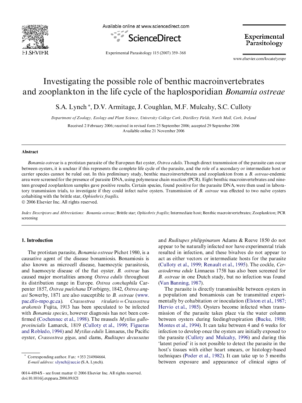 Investigating the possible role of benthic macroinvertebrates and zooplankton in the life cycle of the haplosporidian Bonamia ostreae