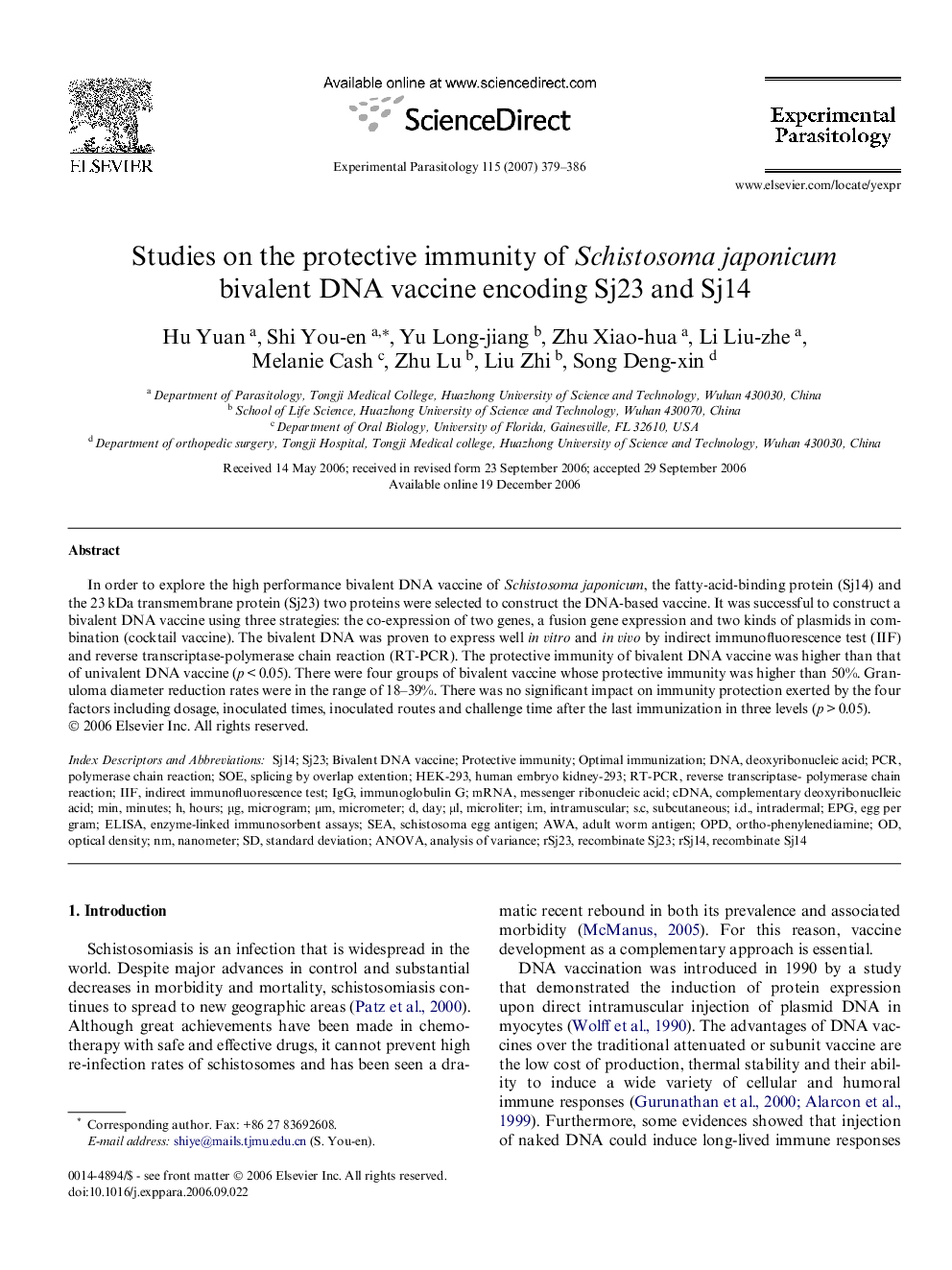 Studies on the protective immunity of Schistosoma japonicum bivalent DNA vaccine encoding Sj23 and Sj14