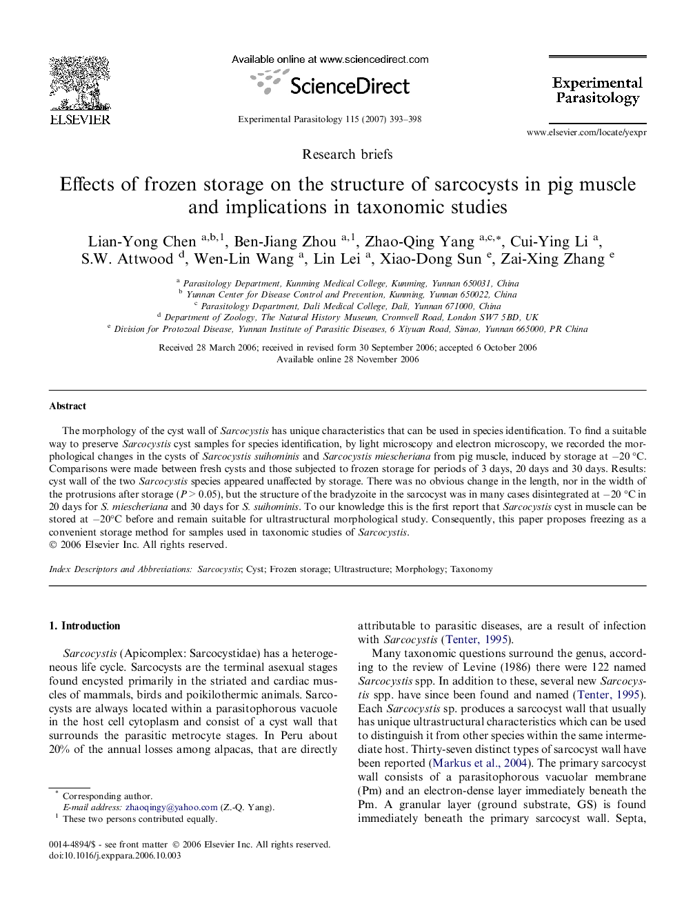 Effects of frozen storage on the structure of sarcocysts in pig muscle and implications in taxonomic studies