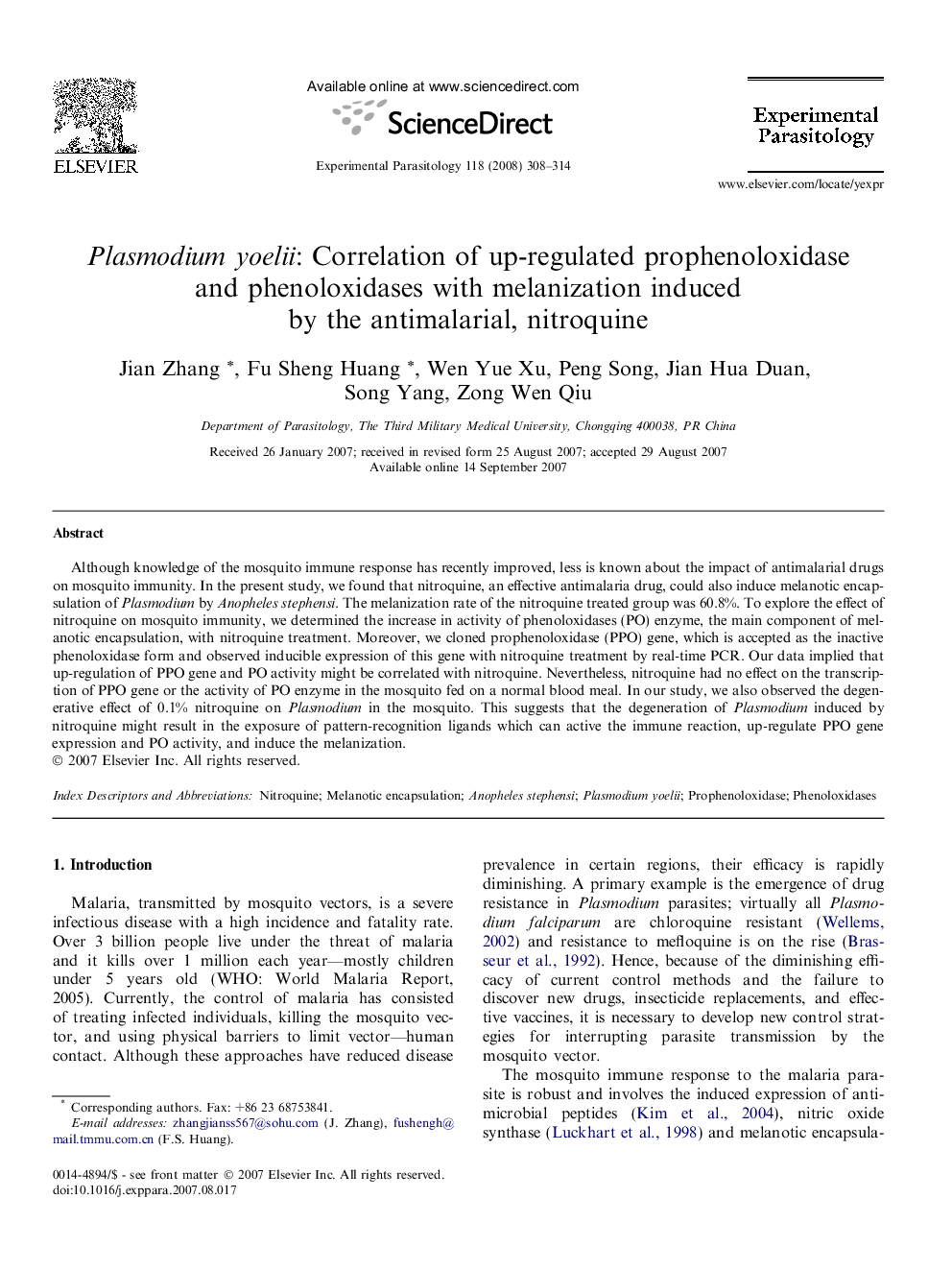 Plasmodium yoelii: Correlation of up-regulated prophenoloxidase and phenoloxidases with melanization induced by the antimalarial, nitroquine