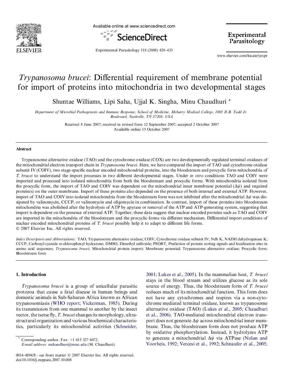 Trypanosoma brucei: Differential requirement of membrane potential for import of proteins into mitochondria in two developmental stages