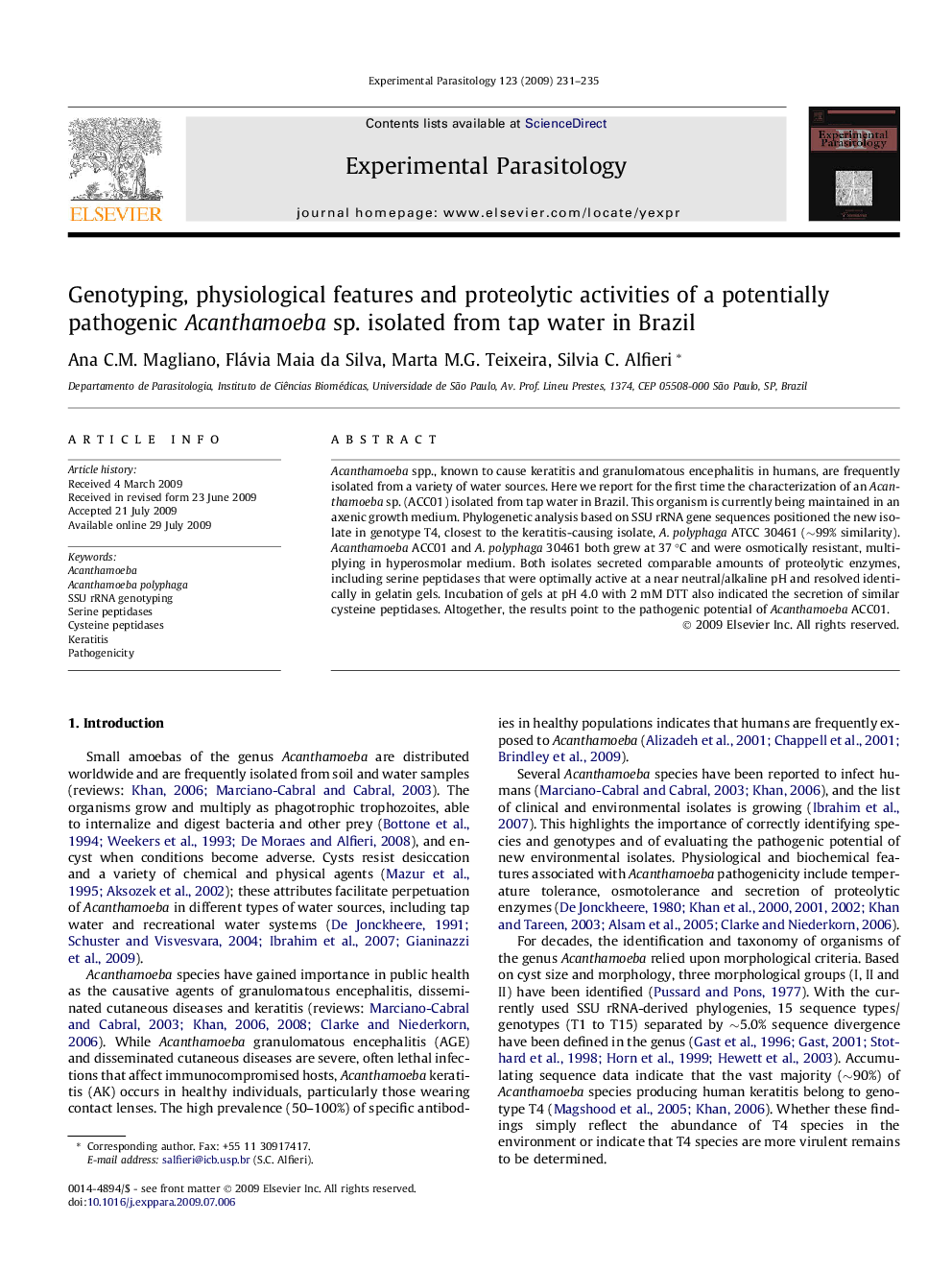 Genotyping, physiological features and proteolytic activities of a potentially pathogenic Acanthamoeba sp. isolated from tap water in Brazil