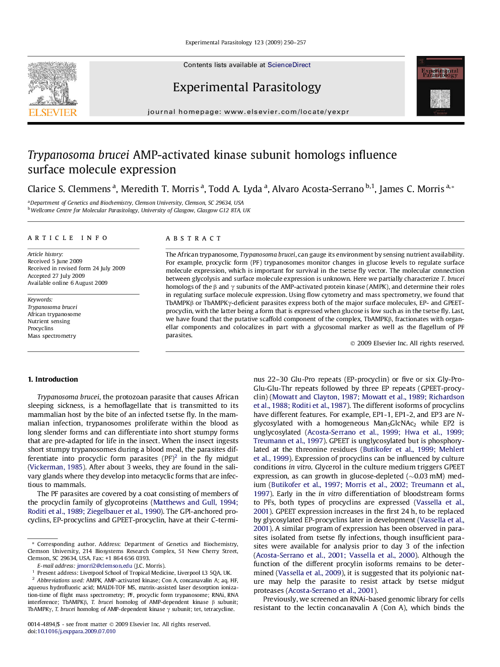 Trypanosoma brucei AMP-activated kinase subunit homologs influence surface molecule expression