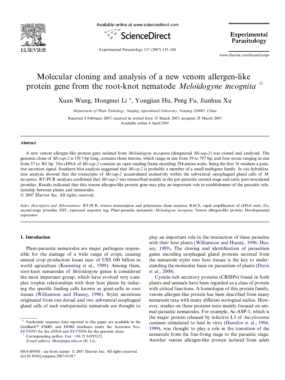 Molecular cloning and analysis of a new venom allergen-like protein gene from the root-knot nematode Meloidogyne incognita 