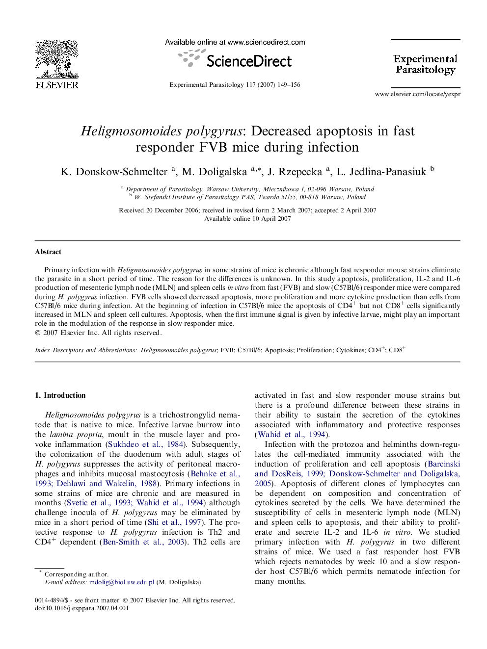 Heligmosomoides polygyrus: Decreased apoptosis in fast responder FVB mice during infection