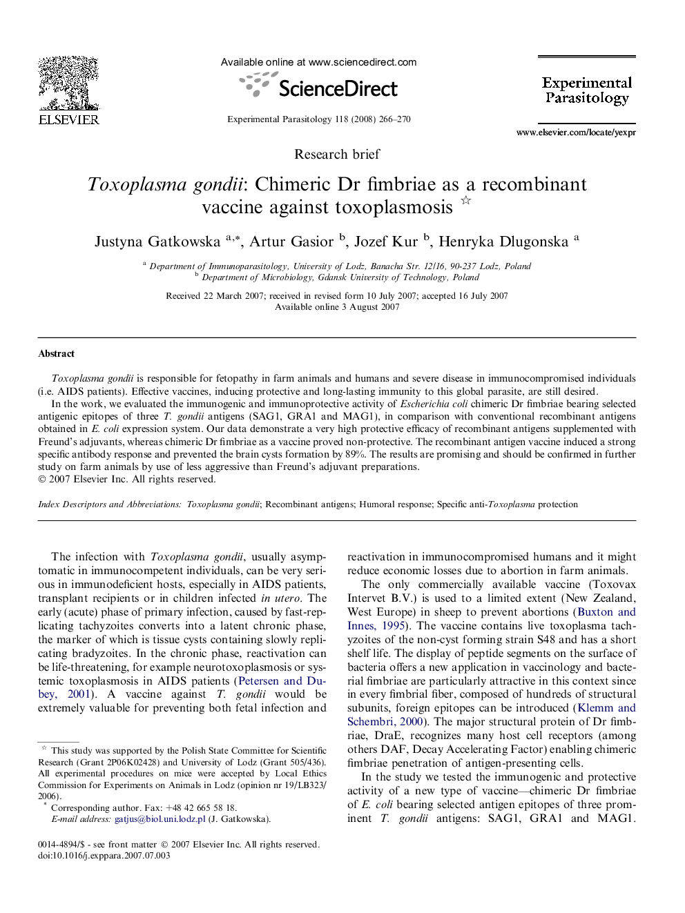 Toxoplasma gondii: Chimeric Dr fimbriae as a recombinant vaccine against toxoplasmosis