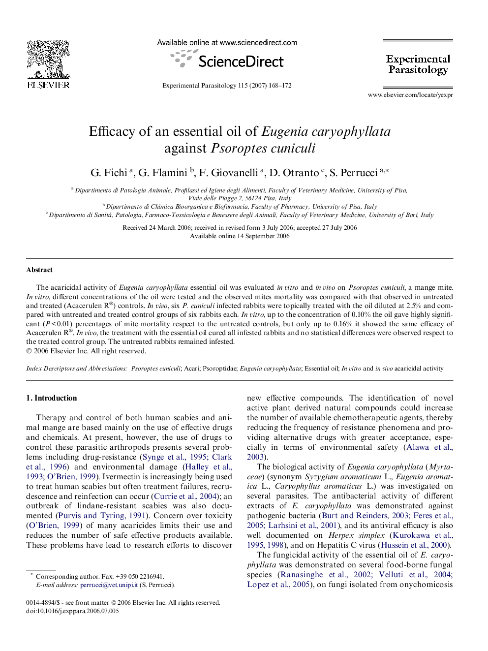 Efficacy of an essential oil of Eugenia caryophyllata against Psoroptes cuniculi