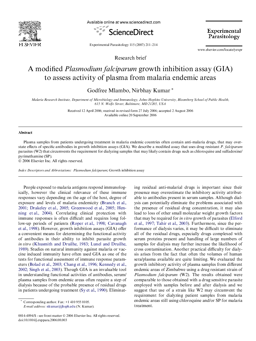 A modified Plasmodium falciparum growth inhibition assay (GIA) to assess activity of plasma from malaria endemic areas