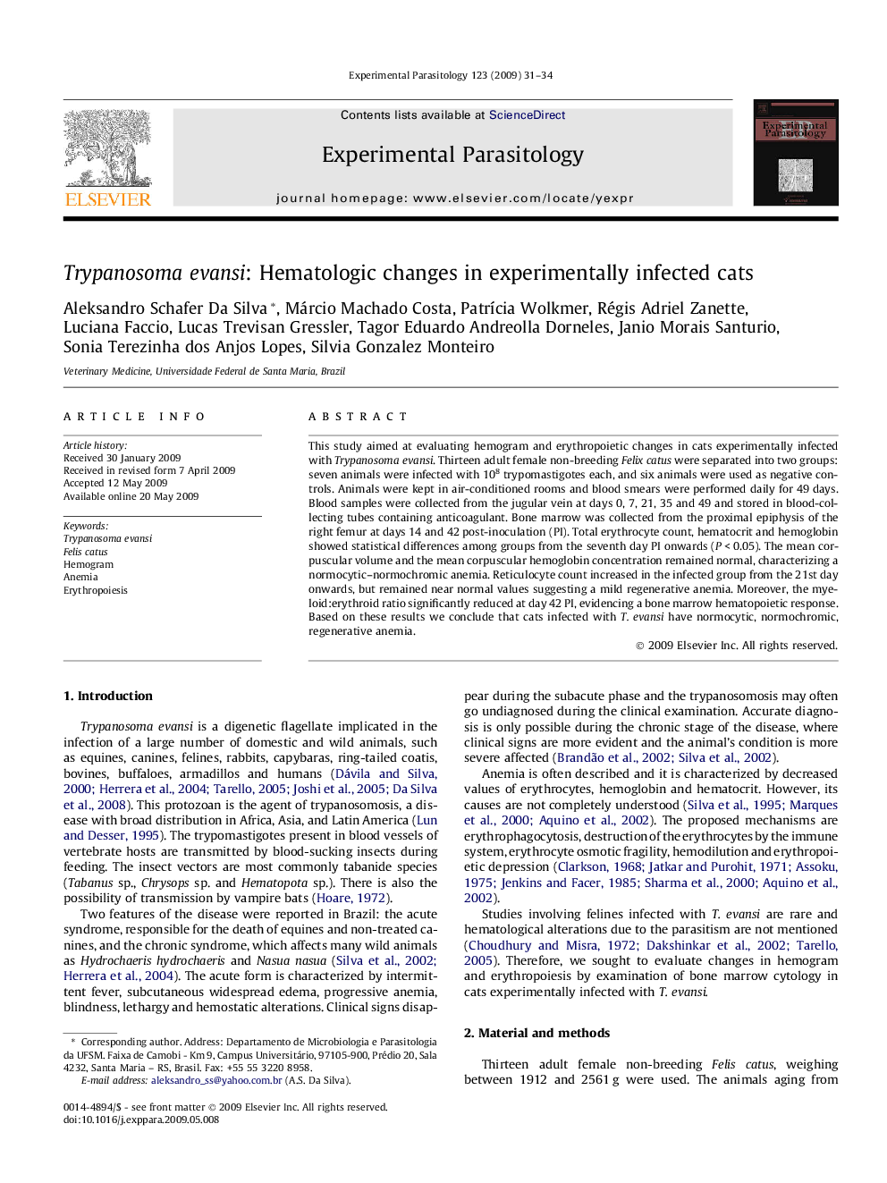 Trypanosoma evansi: Hematologic changes in experimentally infected cats