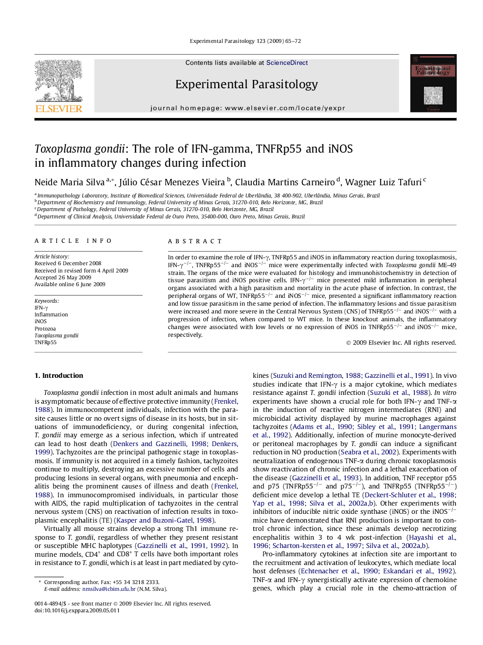 Toxoplasma gondii: The role of IFN-gamma, TNFRp55 and iNOS in inflammatory changes during infection