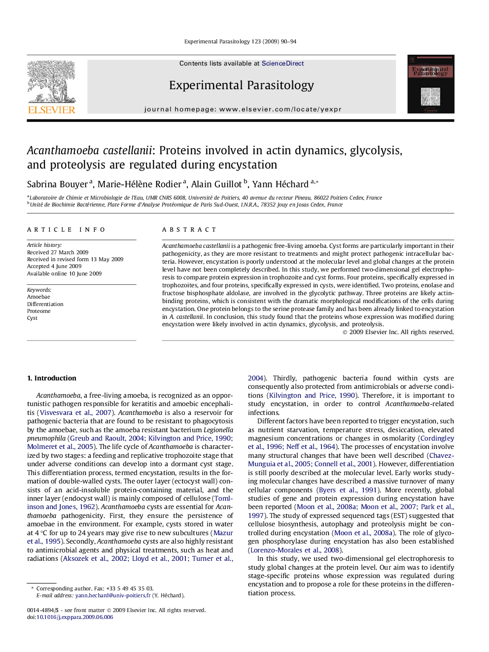 Acanthamoeba castellanii: Proteins involved in actin dynamics, glycolysis, and proteolysis are regulated during encystation