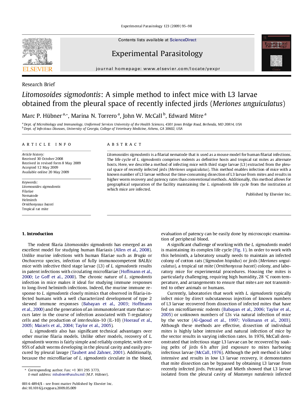 Litomosoides sigmodontis: A simple method to infect mice with L3 larvae obtained from the pleural space of recently infected jirds (Meriones unguiculatus)