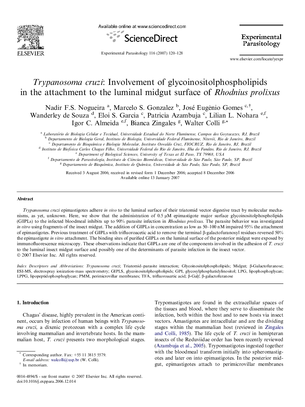 Trypanosoma cruzi: Involvement of glycoinositolphospholipids in the attachment to the luminal midgut surface of Rhodnius prolixus