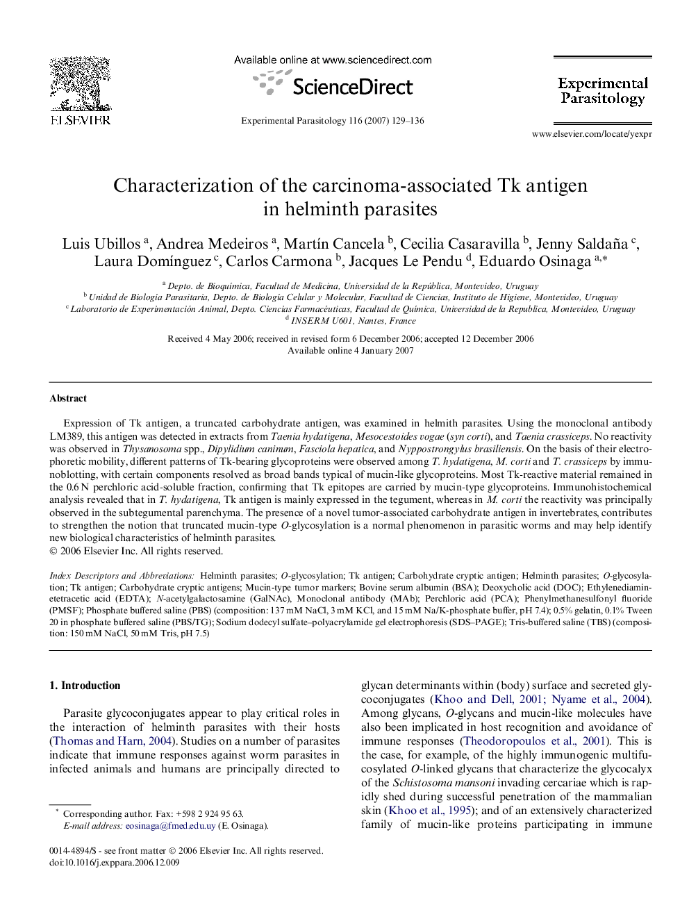 Characterization of the carcinoma-associated Tk antigen in helminth parasites