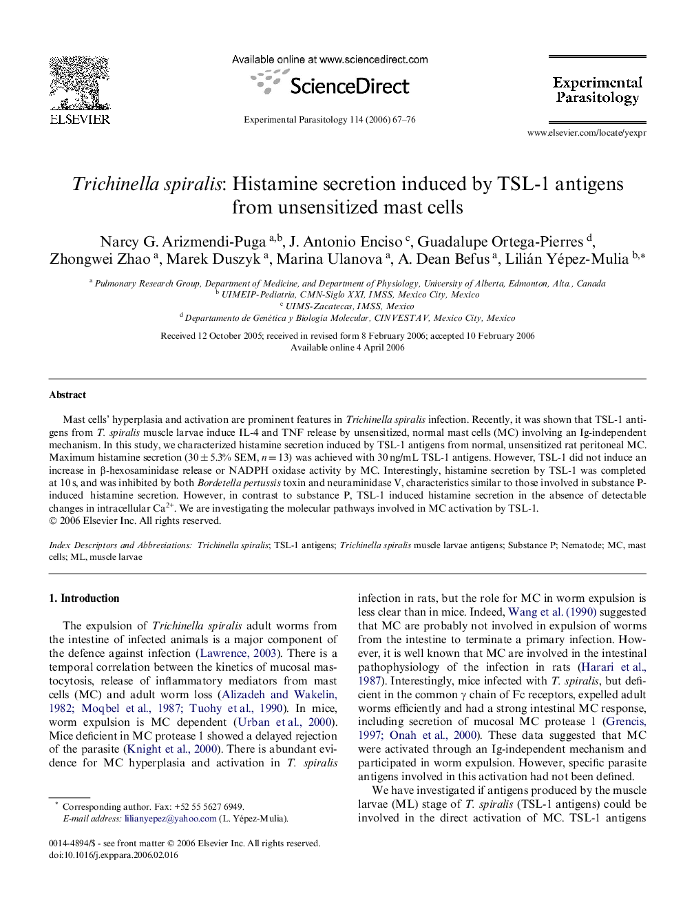 Trichinella spiralis: Histamine secretion induced by TSL-1 antigens from unsensitized mast cells