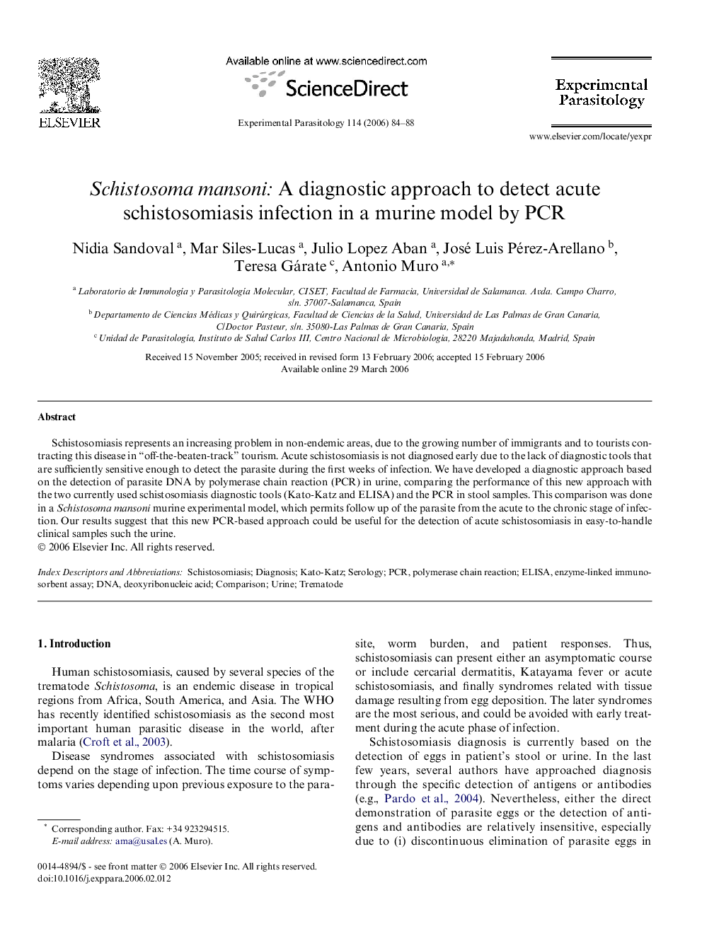 Schistosoma mansoni: A diagnostic approach to detect acute schistosomiasis infection in a murine model by PCR