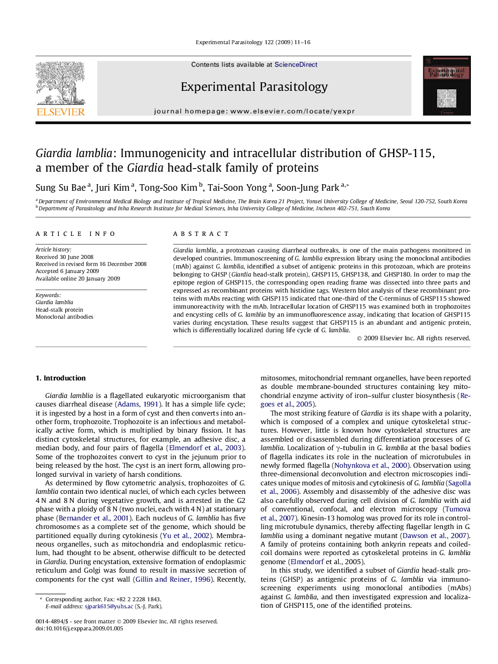 Giardia lamblia: Immunogenicity and intracellular distribution of GHSP-115, a member of the Giardia head-stalk family of proteins