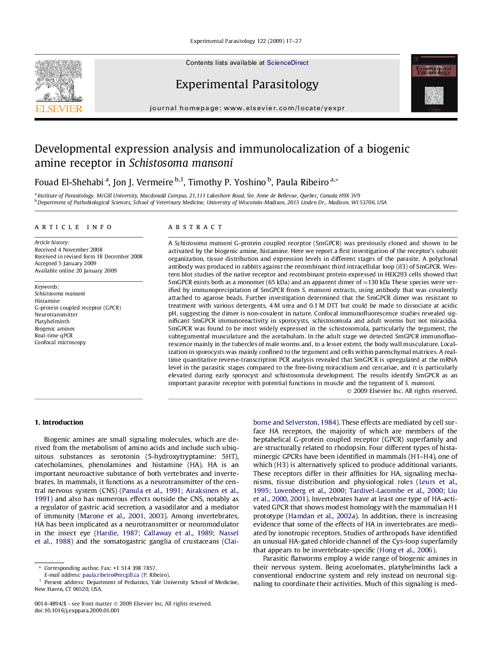 Developmental expression analysis and immunolocalization of a biogenic amine receptor in Schistosoma mansoni