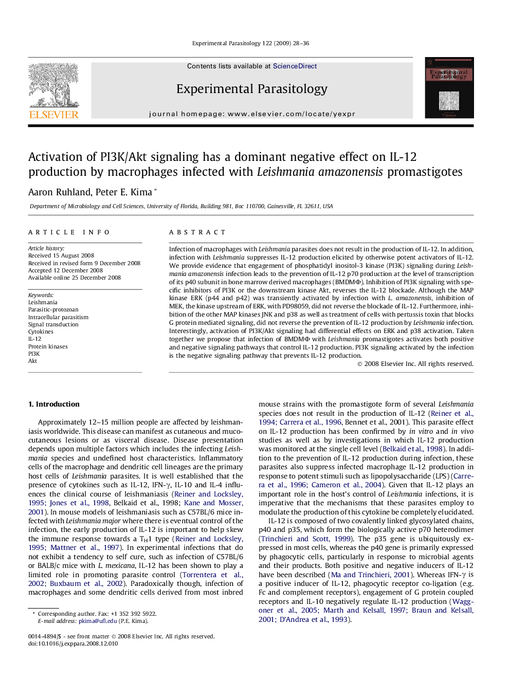 Activation of PI3K/Akt signaling has a dominant negative effect on IL-12 production by macrophages infected with Leishmania amazonensis promastigotes