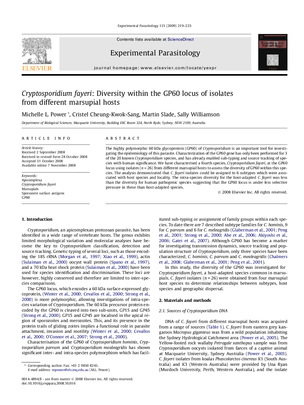 Cryptosporidium fayeri: Diversity within the GP60 locus of isolates from different marsupial hosts