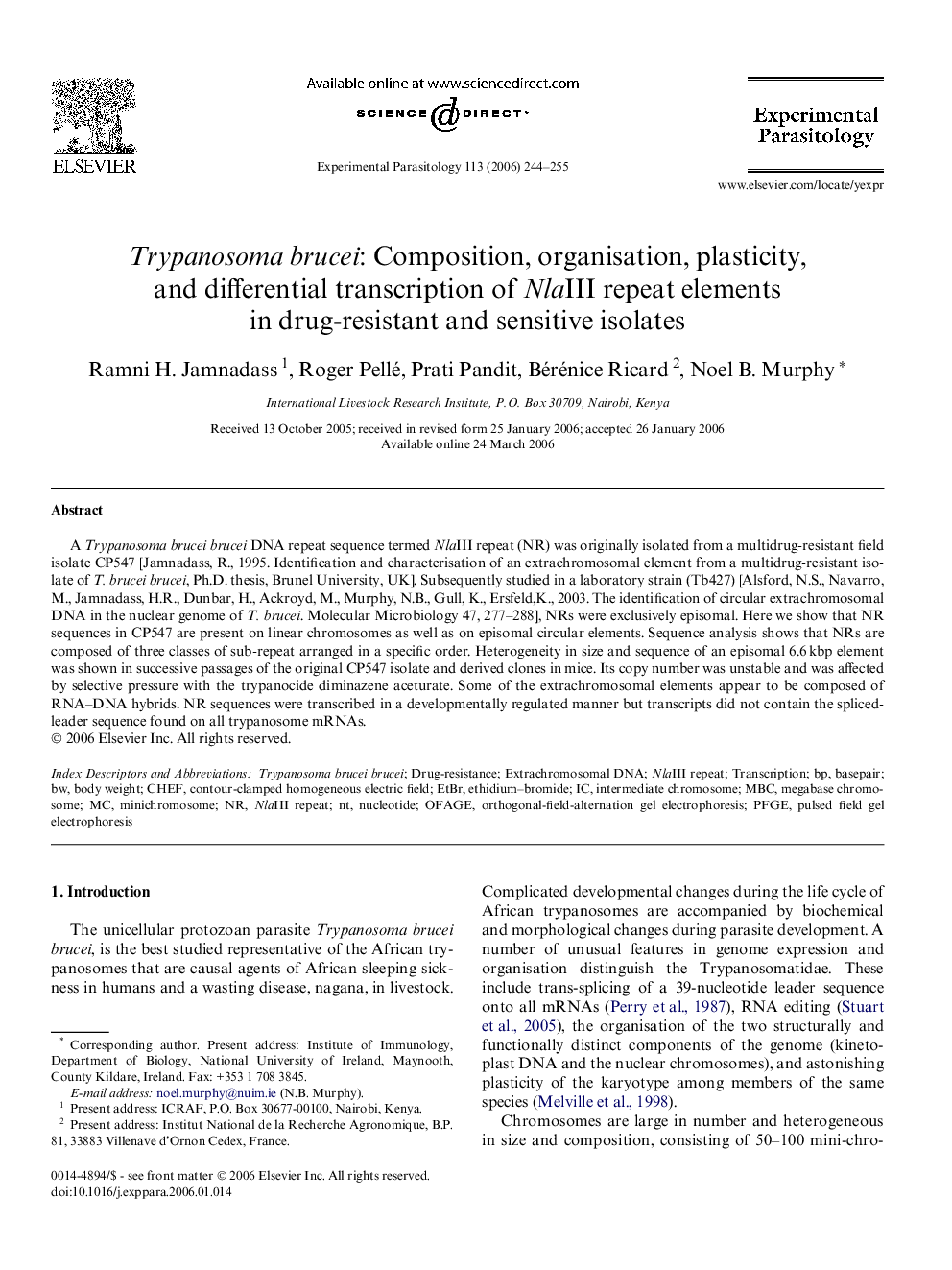 Trypanosoma brucei: Composition, organisation, plasticity, and differential transcription of NlaIII repeat elements in drug-resistant and sensitive isolates