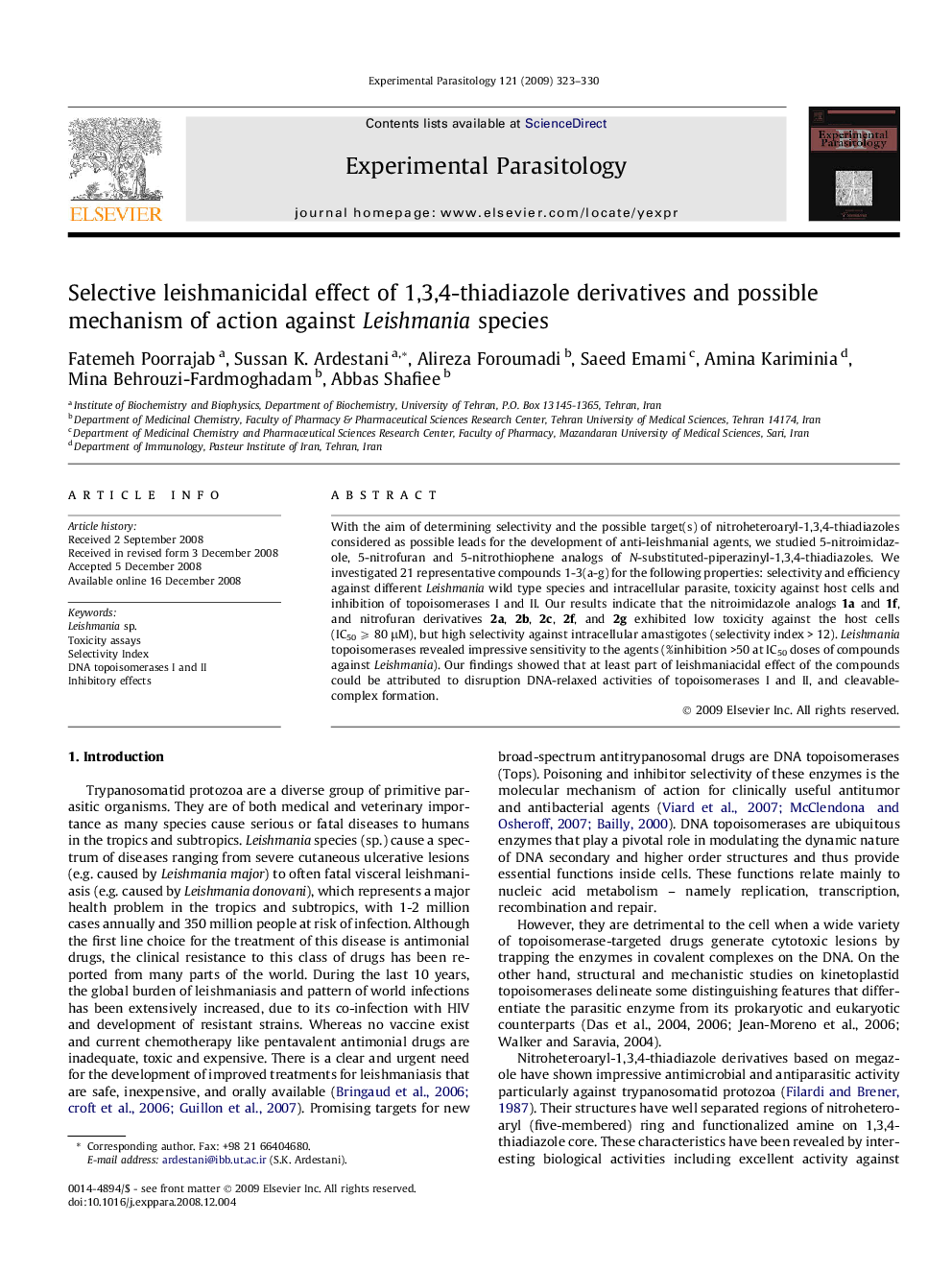 Selective leishmanicidal effect of 1,3,4-thiadiazole derivatives and possible mechanism of action against Leishmania species