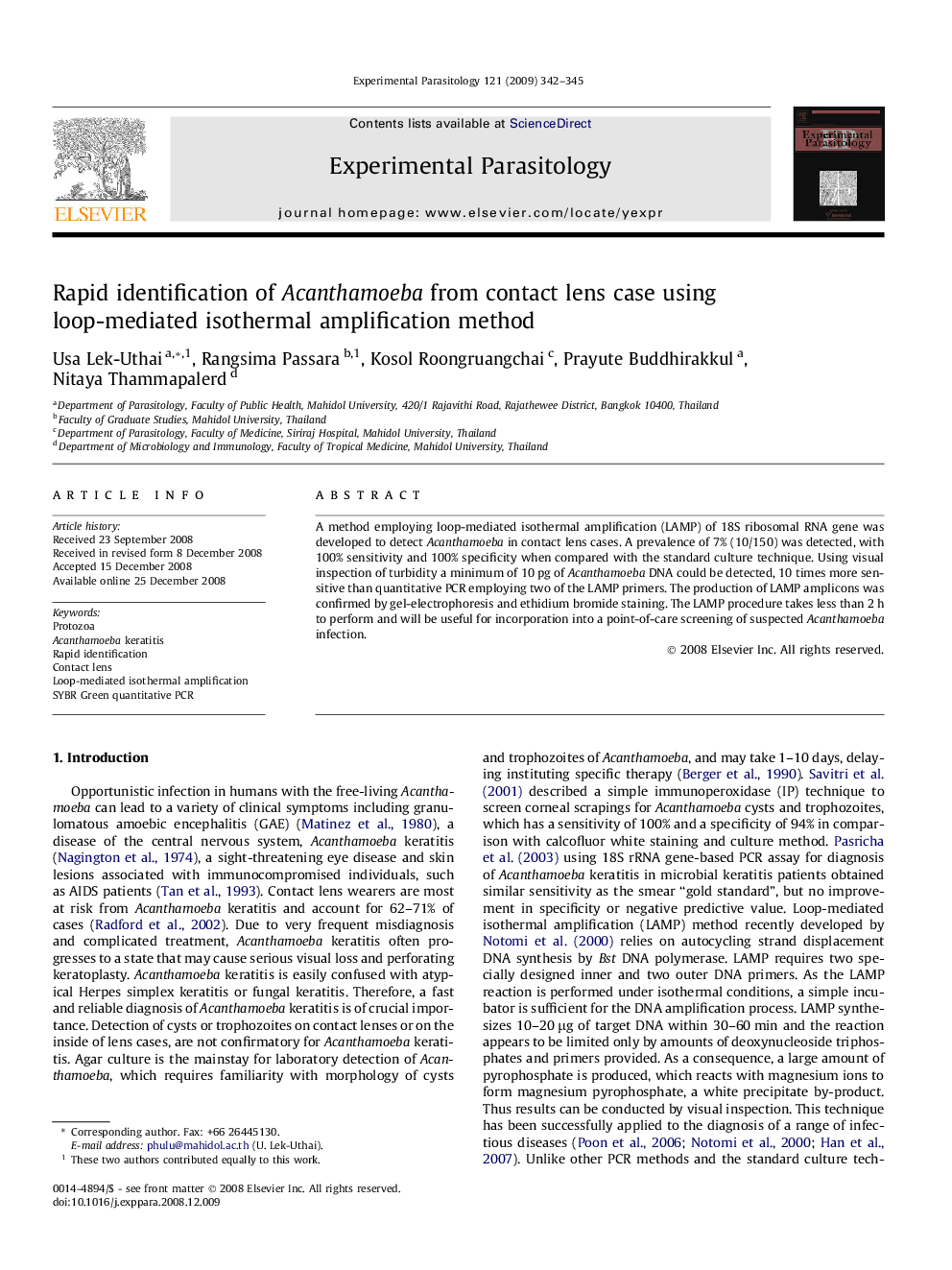 Rapid identification of Acanthamoeba from contact lens case using loop-mediated isothermal amplification method