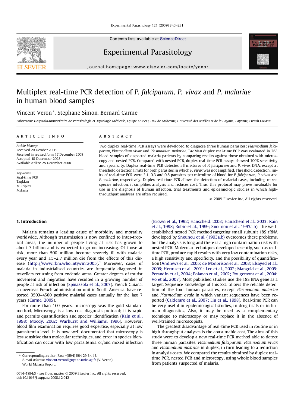 Multiplex real-time PCR detection of P. falciparum, P. vivax and P. malariae in human blood samples