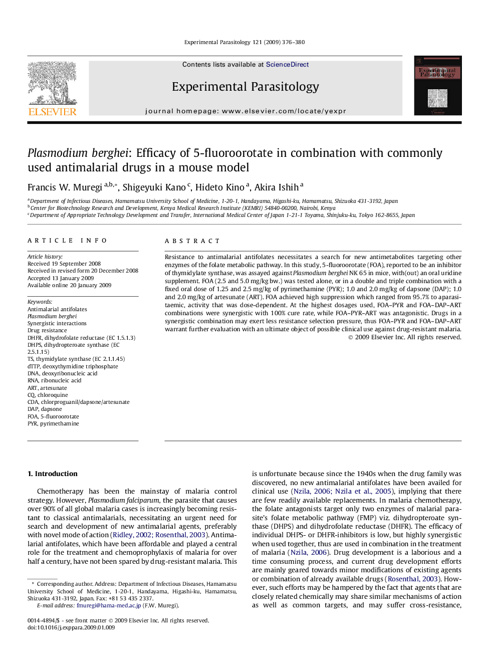 Plasmodium berghei: Efficacy of 5-fluoroorotate in combination with commonly used antimalarial drugs in a mouse model