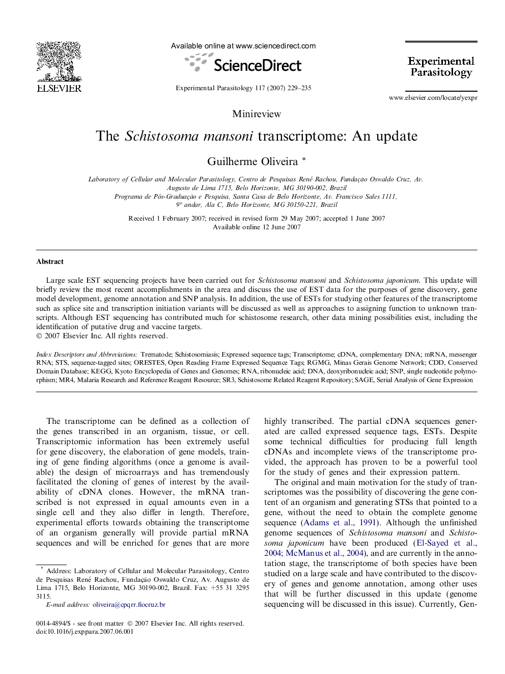 عکس صفحه اول مقاله: The Schistosoma mansoni transcriptome: An update The Schistosoma mansoni transcriptome: An update
