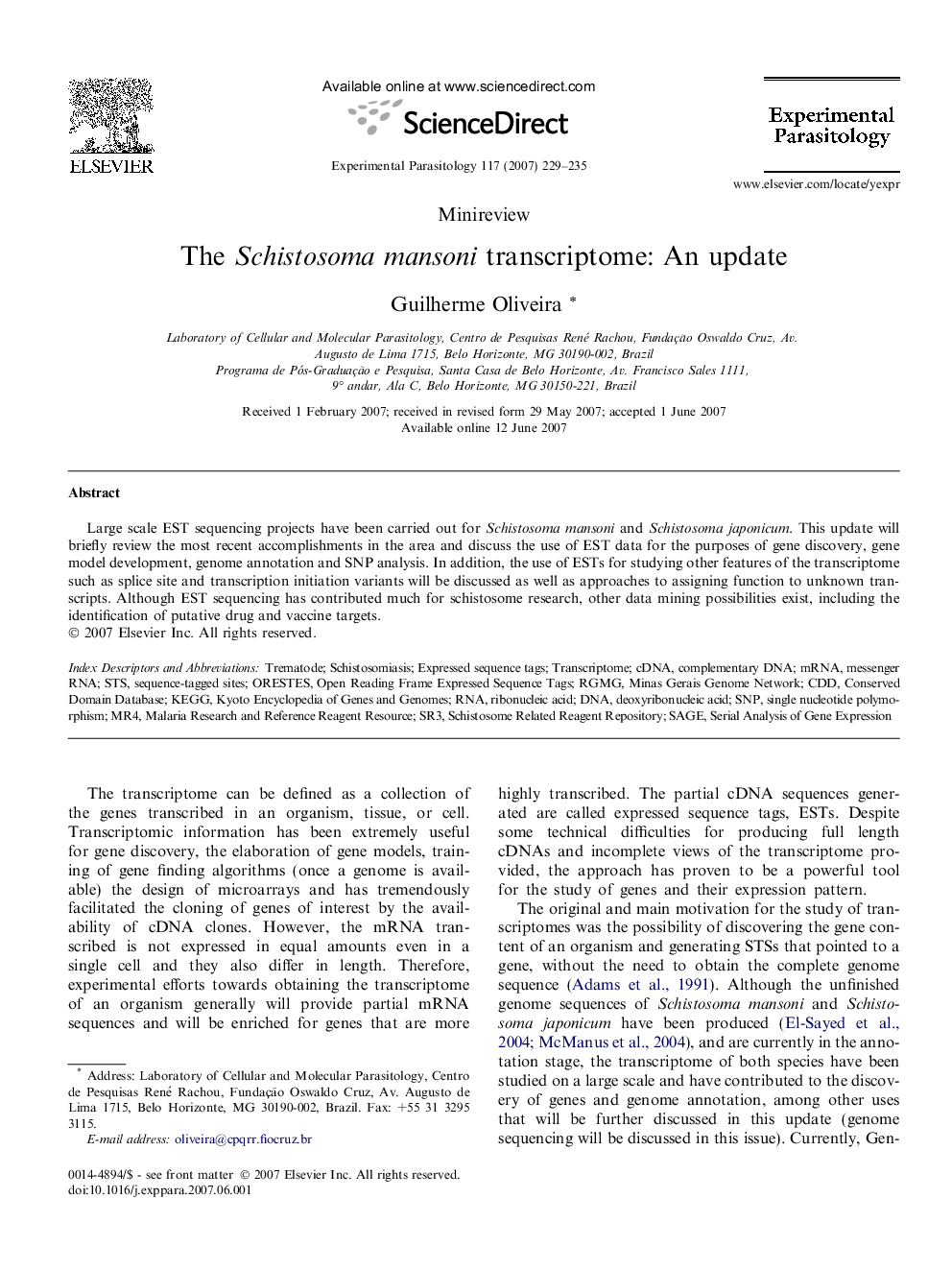 The Schistosoma mansoni transcriptome: An update