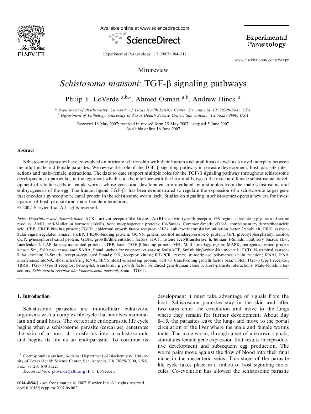 Schistosoma mansoni: TGF-β signaling pathways