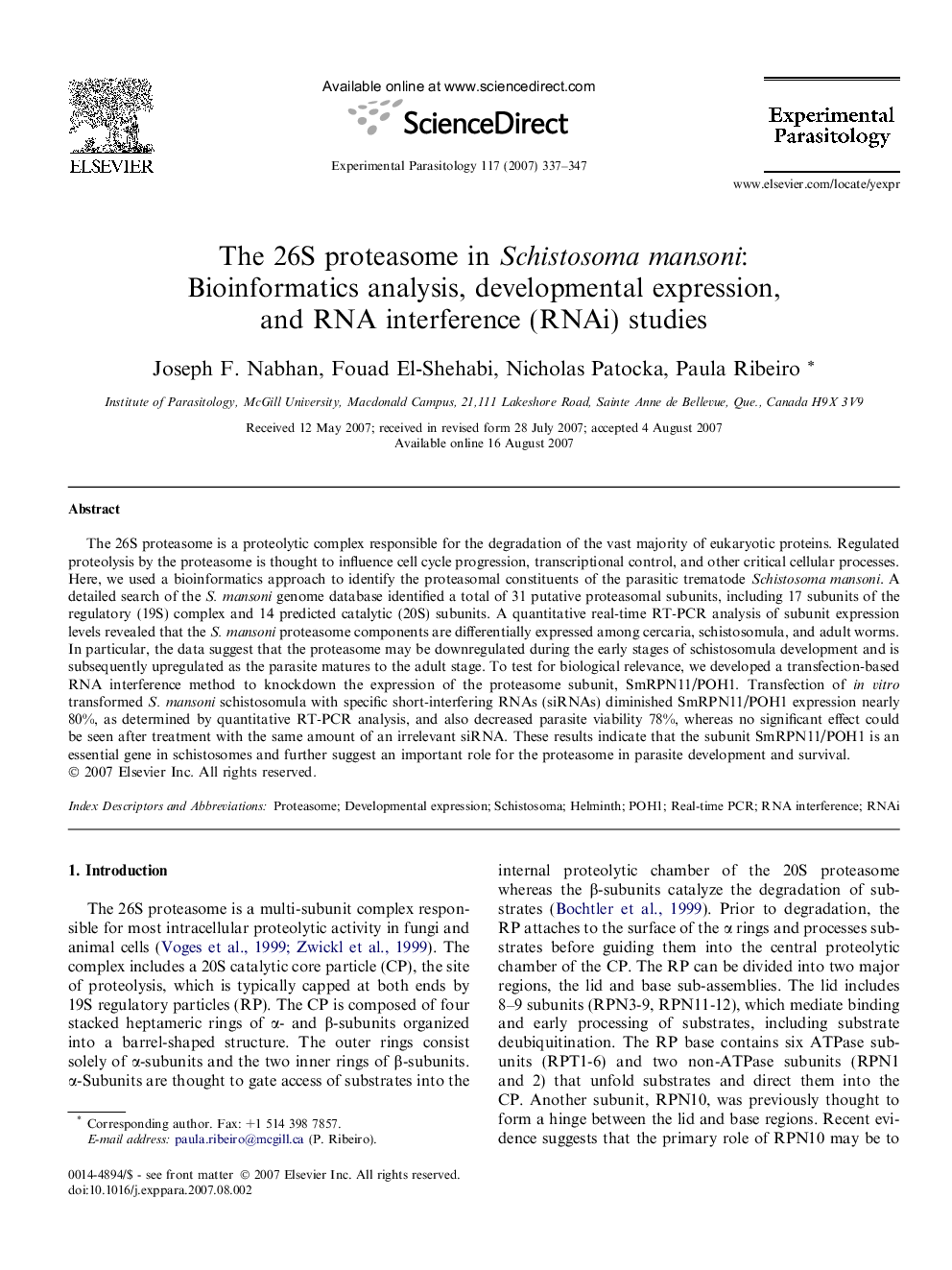 The 26S proteasome in Schistosoma mansoni: Bioinformatics analysis, developmental expression, and RNA interference (RNAi) studies