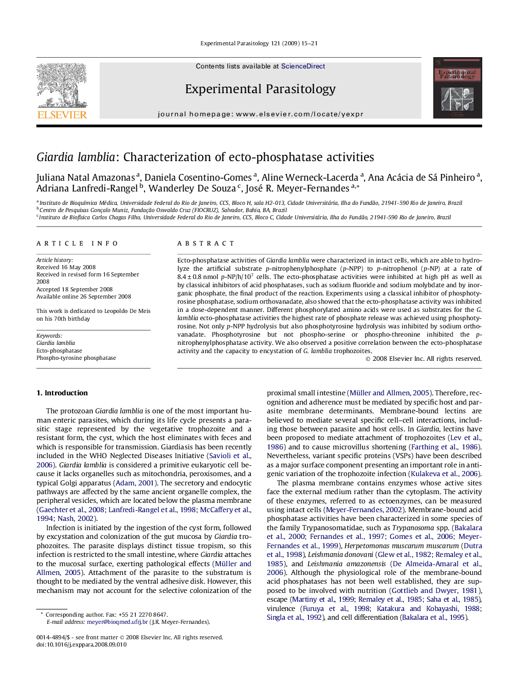 Giardia lamblia: Characterization of ecto-phosphatase activities