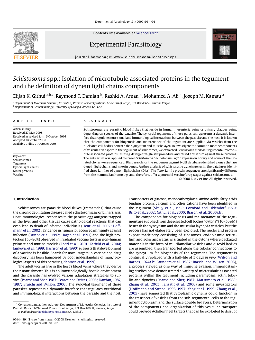 Schistosoma spp.: Isolation of microtubule associated proteins in the tegument and the definition of dynein light chains components