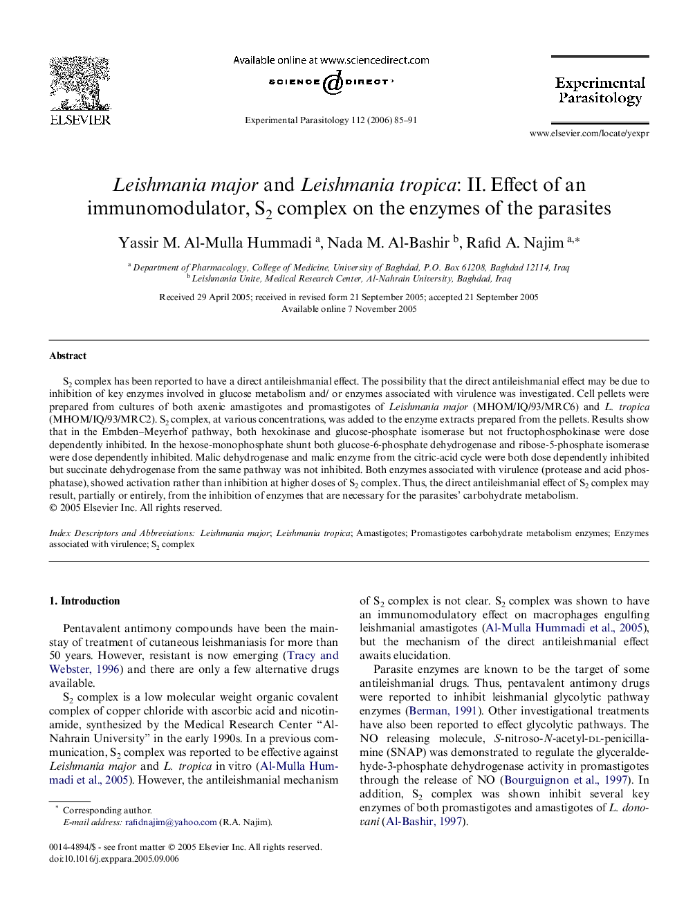 Leishmania major and Leishmania tropica: II. Effect of an immunomodulator, S2 complex on the enzymes of the parasites