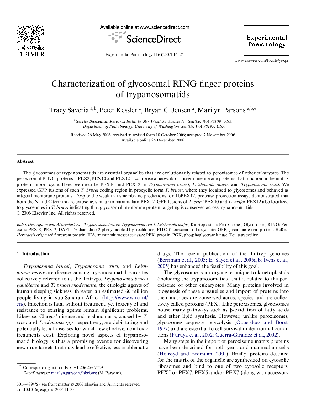 Characterization of glycosomal RING finger proteins of trypanosomatids