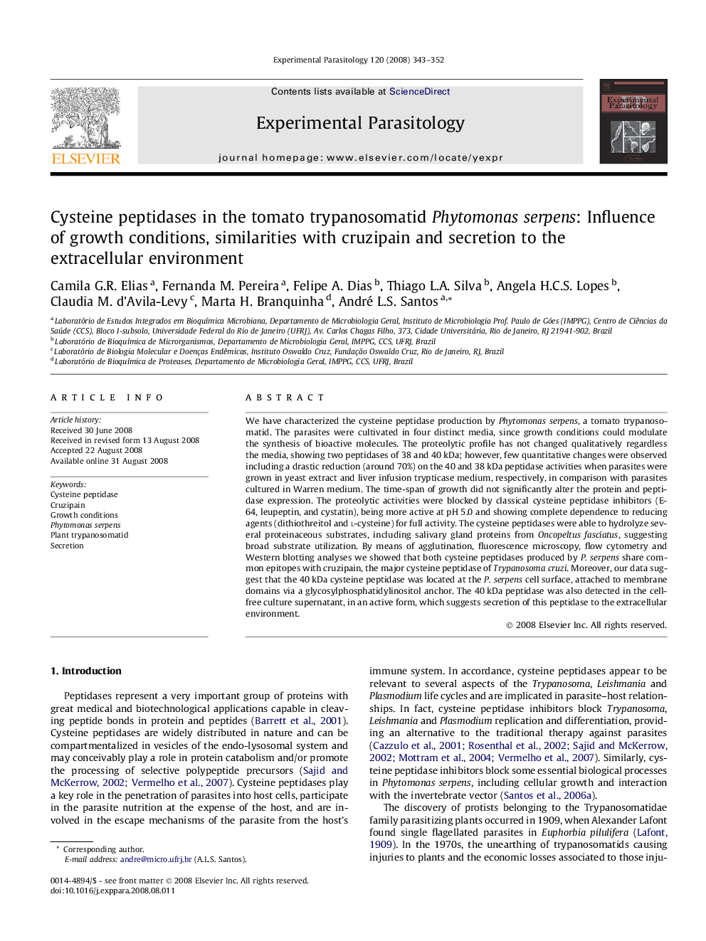 Cysteine peptidases in the tomato trypanosomatid Phytomonas serpens: Influence of growth conditions, similarities with cruzipain and secretion to the extracellular environment