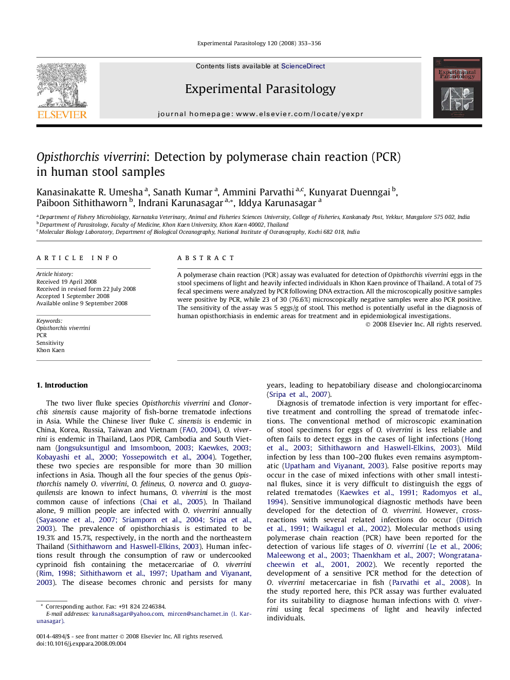 Opisthorchis viverrini: Detection by polymerase chain reaction (PCR) in human stool samples