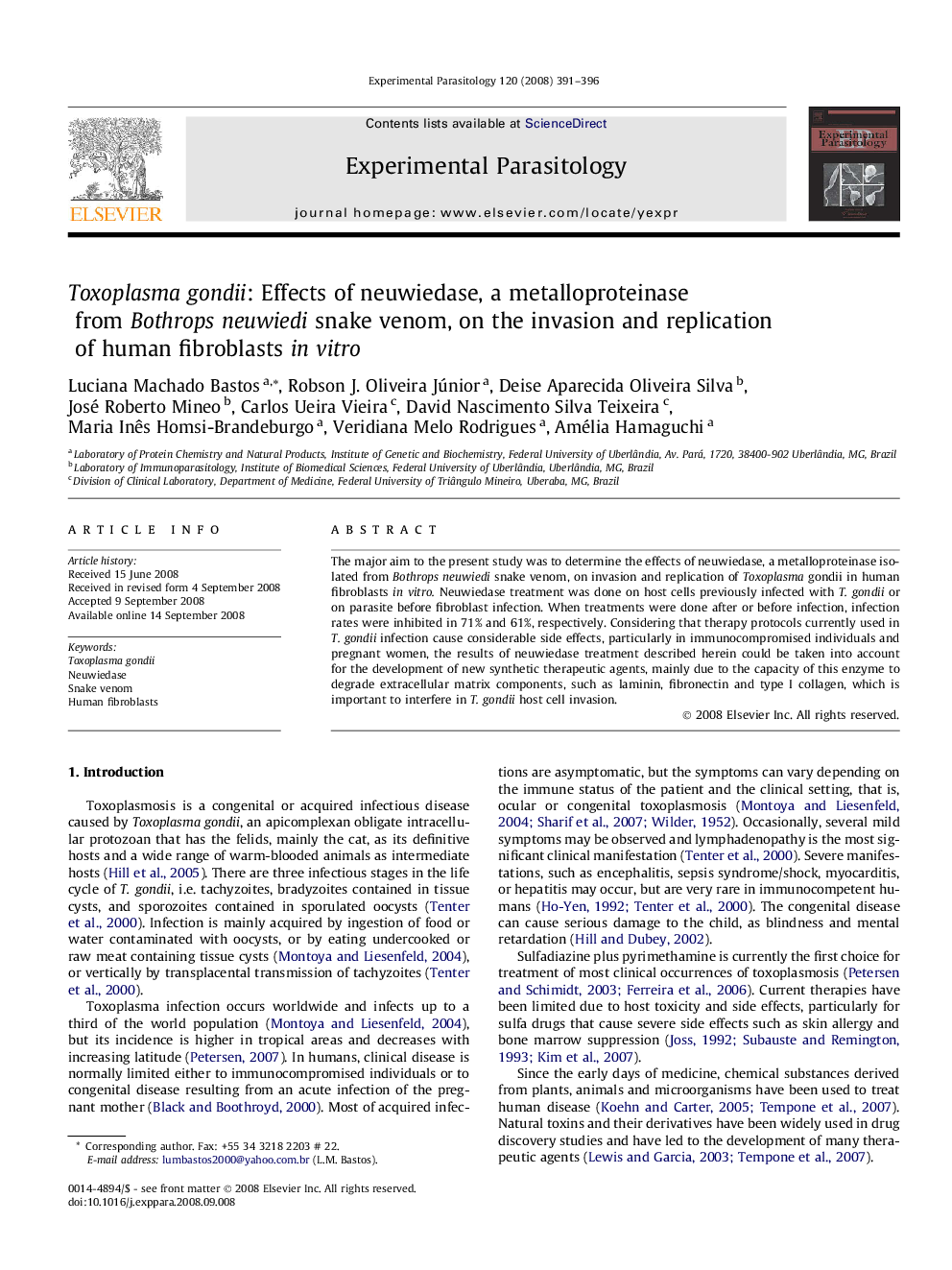 عکس صفحه اول مقاله: Toxoplasma gondii: Effects of neuwiedase, a metalloproteinase from Bothrops neuwiedi snake venom, on the invasion and replication of human fibroblasts in vitro Toxoplasma gondii: Effects of neuwiedase, a metalloproteinase from Bothrops neuwiedi snake venom, on the invasion and replication of human fibroblasts in vitro