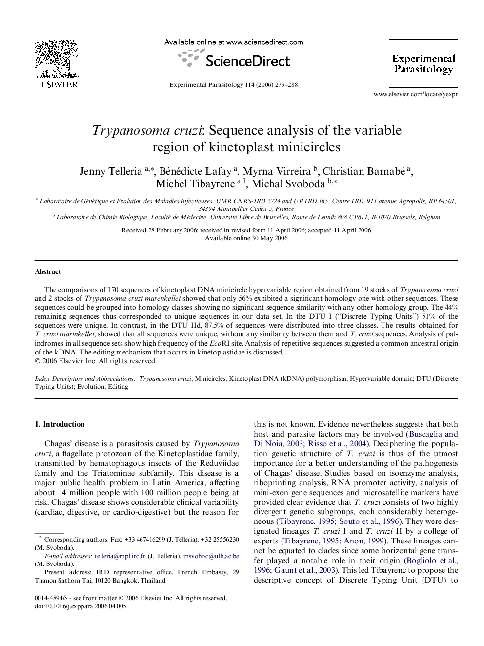 Trypanosoma cruzi: Sequence analysis of the variable region of kinetoplast minicircles