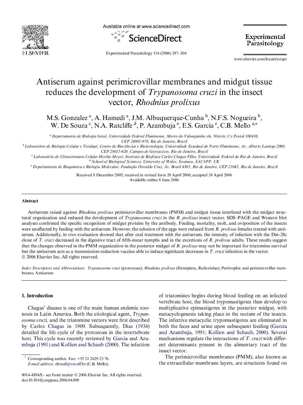 Antiserum against perimicrovillar membranes and midgut tissue reduces the development of Trypanosoma cruzi in the insect vector, Rhodnius prolixus