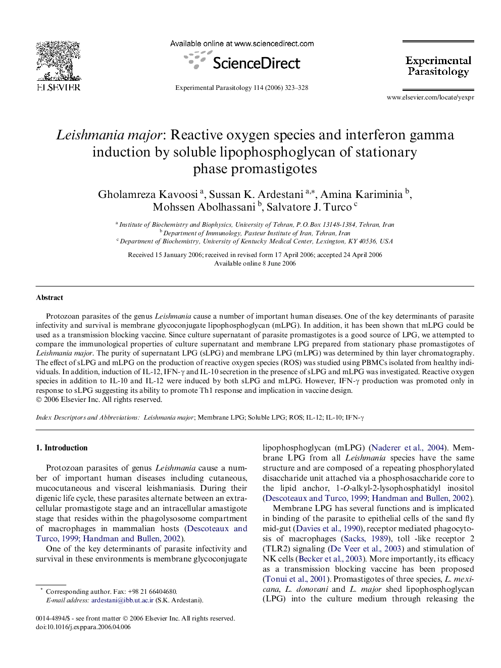 Leishmania major: Reactive oxygen species and interferon gamma induction by soluble lipophosphoglycan of stationary phase promastigotes