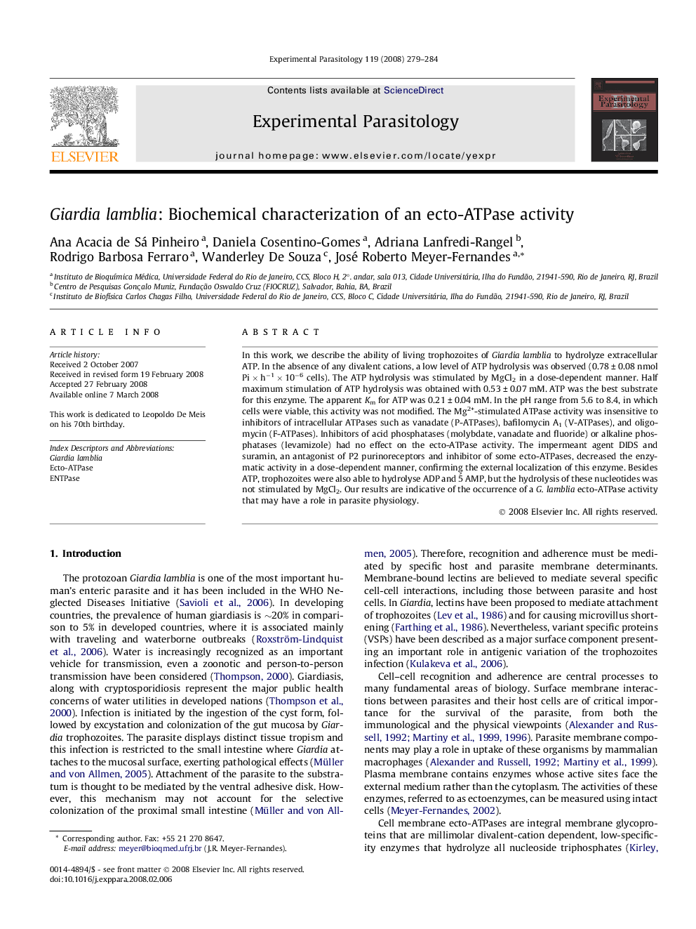 Giardia lamblia: Biochemical characterization of an ecto-ATPase activity