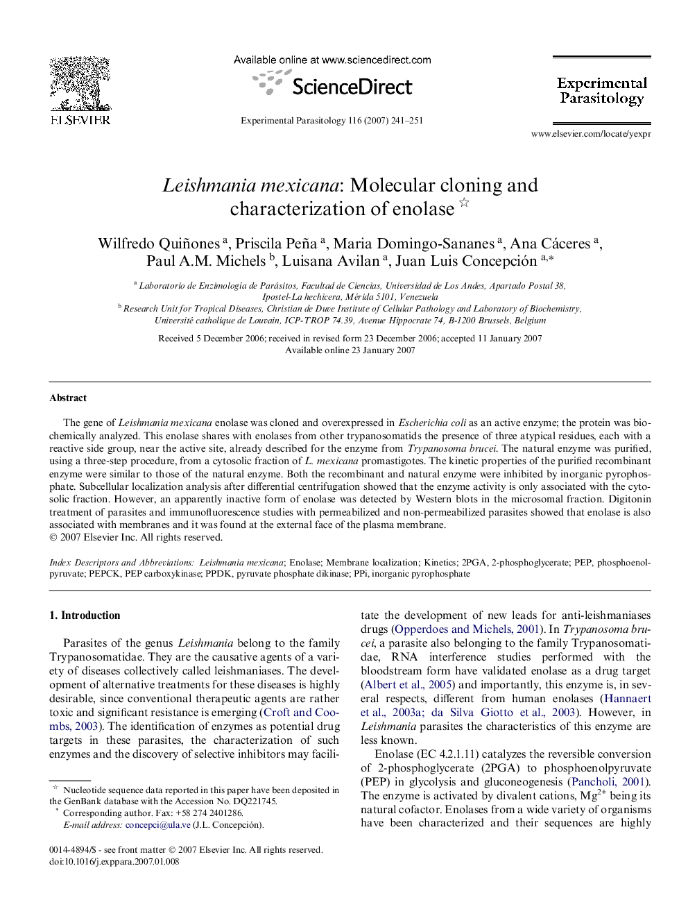 Leishmania mexicana: Molecular cloning and characterization of enolase 