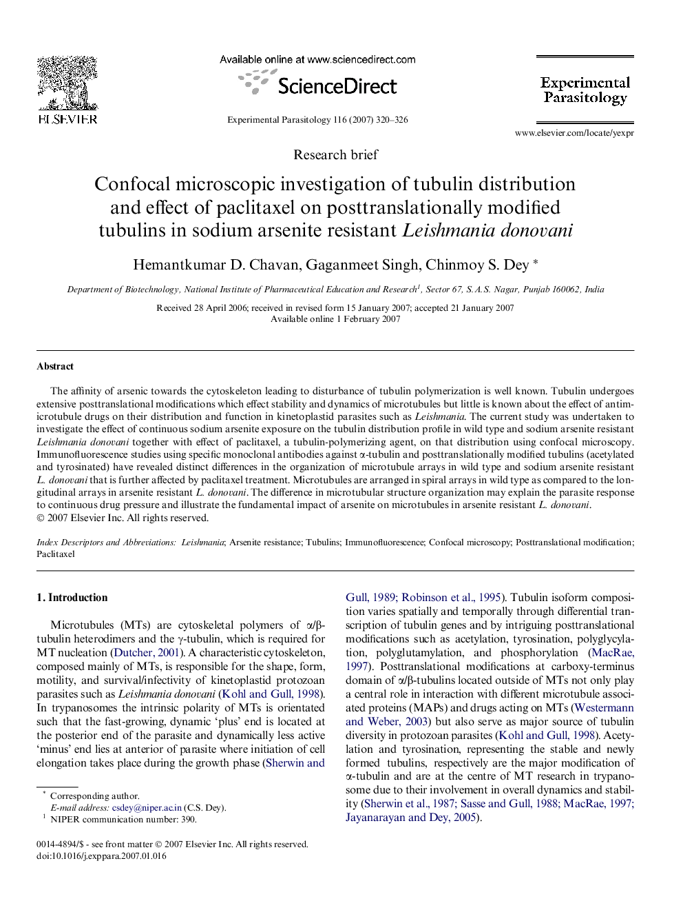 Confocal microscopic investigation of tubulin distribution and effect of paclitaxel on posttranslationally modified tubulins in sodium arsenite resistant Leishmania donovani