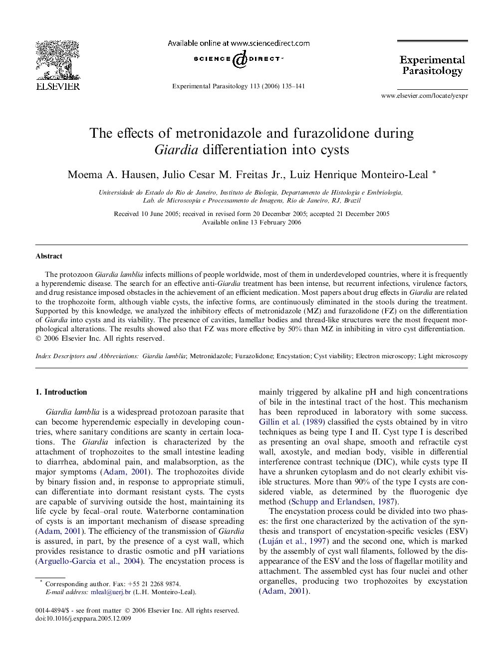 The effects of metronidazole and furazolidone during Giardia differentiation into cysts