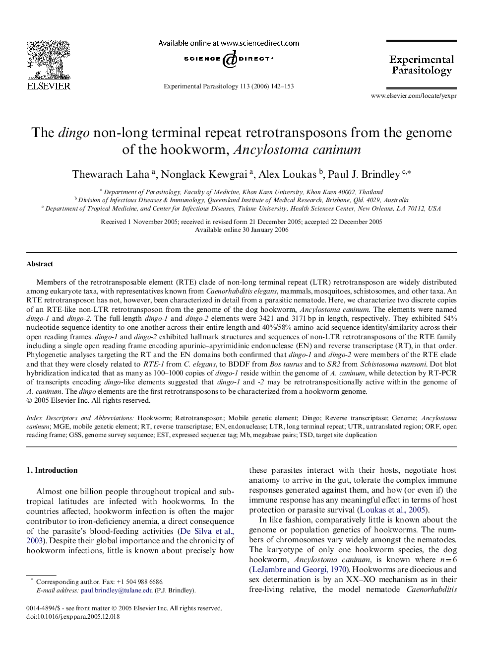 The dingo non-long terminal repeat retrotransposons from the genome of the hookworm, Ancylostoma caninum